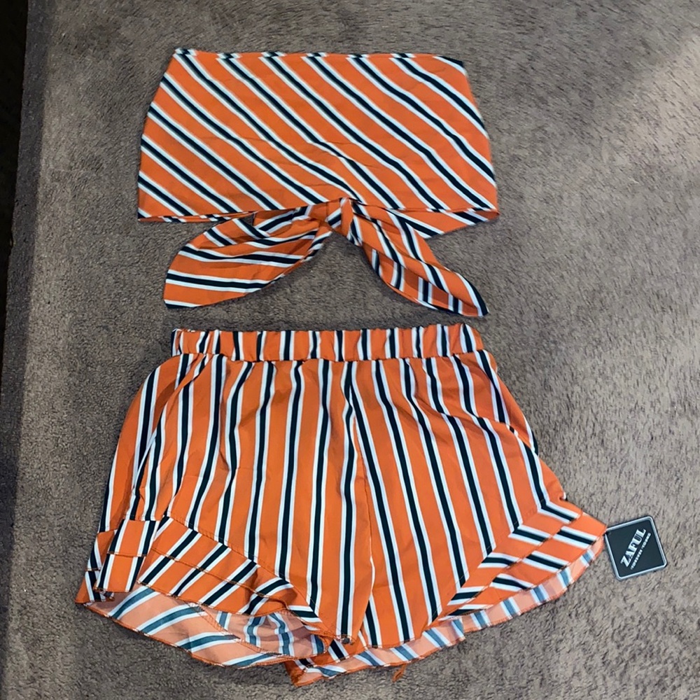ZAFUL orange striped matching top and shorts.